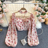 Floral Long Sleeve Backless Crop Top